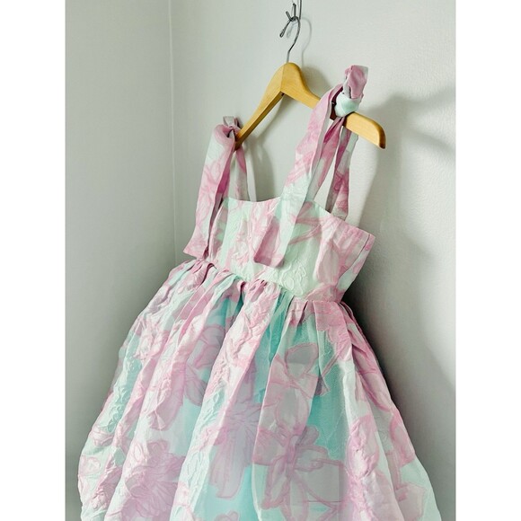 Wolf & Badger Baby Doll Pink Floral Embossed Sz S Coquette Fairy Bow Puff Dress - Picture 3 of 8